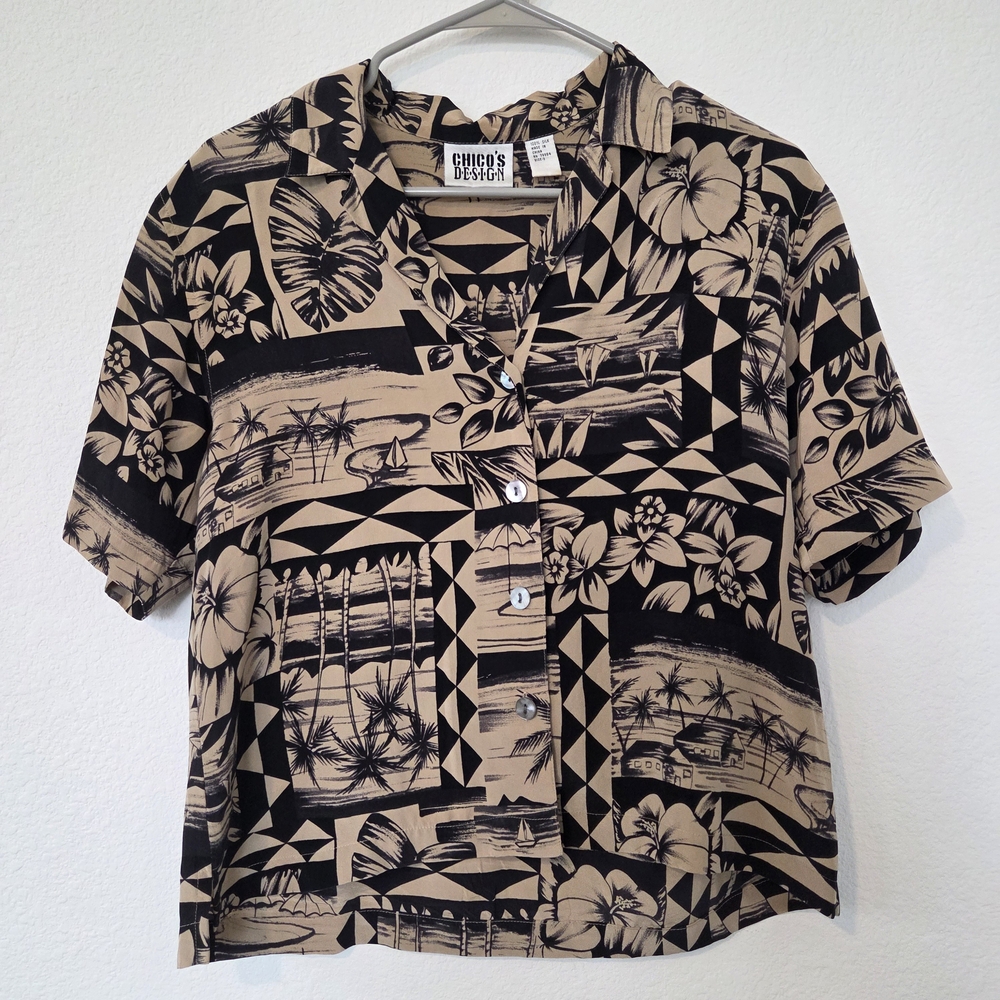 Chico's Black and Tan Hawaiian Print Blouse Top Shirt 100% Silk Size 0